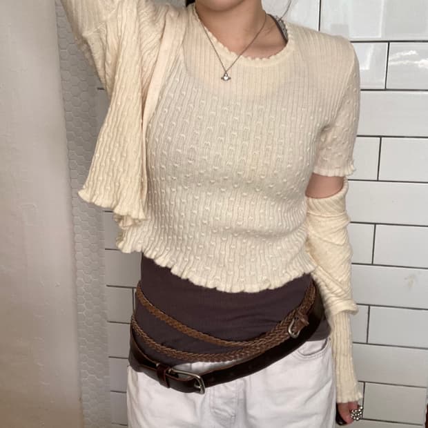 니트 반팔 가디건 세트 (아이보리)