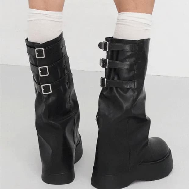 3버클 라운드토 통굽 니하이 롱부츠 워머 