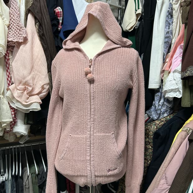 게스 핑크 글리터 니트 후드