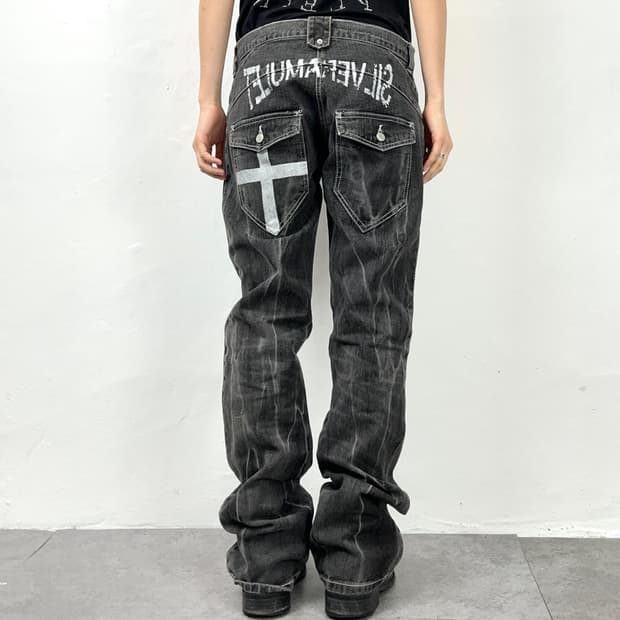 Silver Amulet Cross Graphic Black Denim