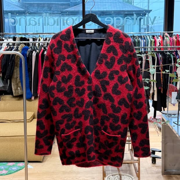 생로랑 레드 하트 레오파드 모헤어 가디건 
