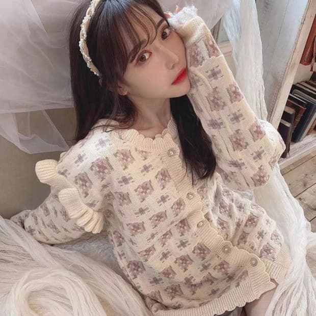 Swankiss 일본빈티지)양산형st 로맨틱 프릴 진주 플라워 니트가디건