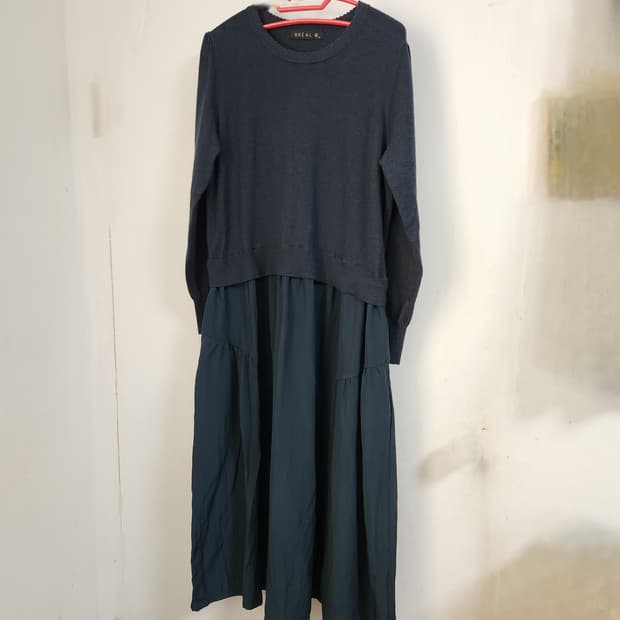 BREAL 청록색 니트배색 롱 원피스88(77~88)