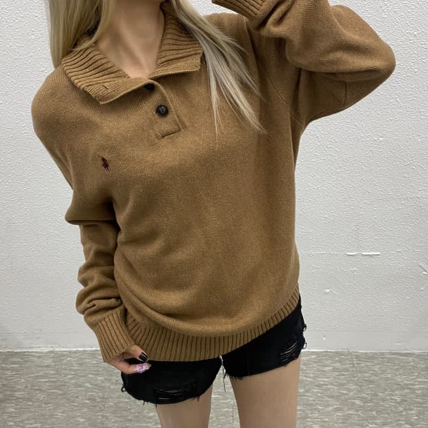 폴로 랄프로렌 브라운포니 카라멜맛 반집업 단추 니트 XXL
