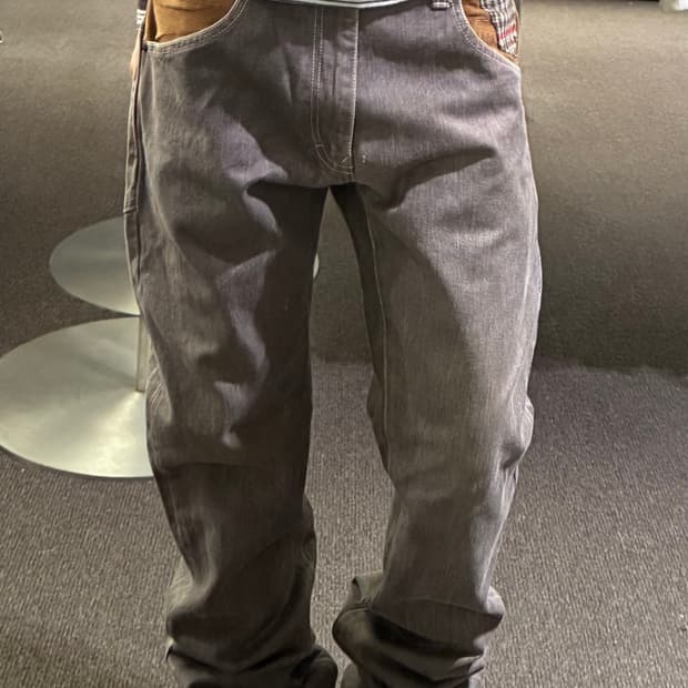 M)CONCAVE vintage 체크 패턴 코듀로이 레이어드 데님팬츠