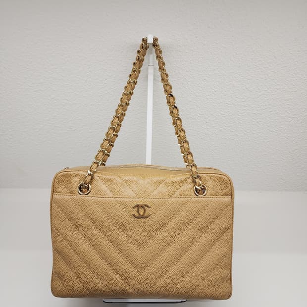 샤넬 빈티지 쉐브론 캐비어 체인 숄더백 베이지 #6