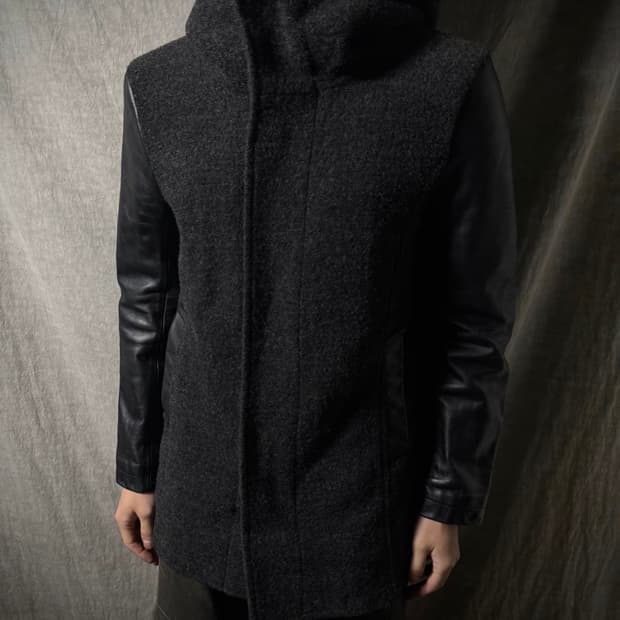 NO ID Hybrid Arm Leather Hooded Coat