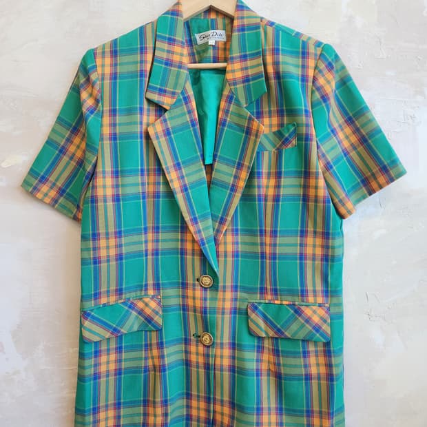 린넨 그린 체크 자켓