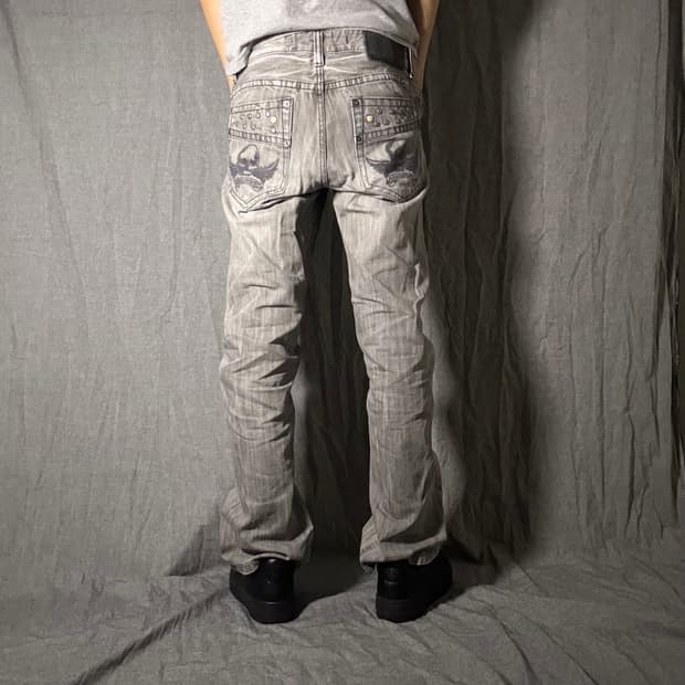 도트 햐골 자수 디테일 데님 팬츠