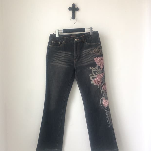 Oriental mood patch point denim pants