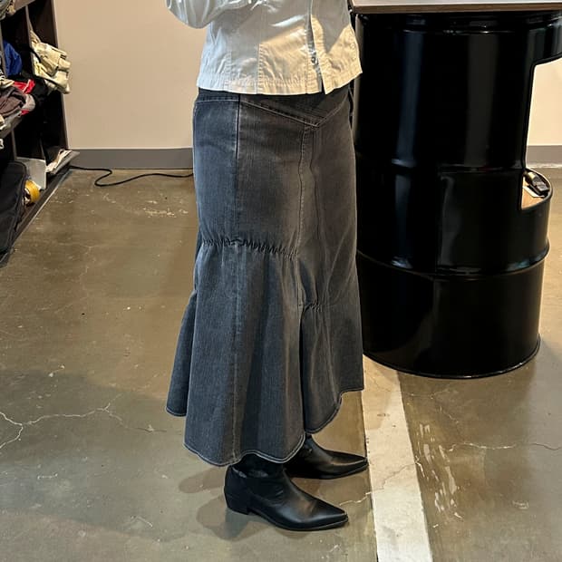 블랙 데님 셔링 스커트