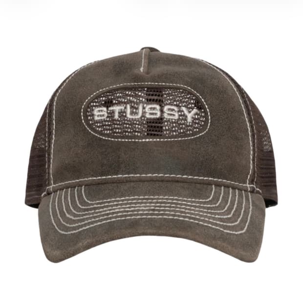 스투시 로우 프로 트러커 컷아웃 레더 스냅백 브라운