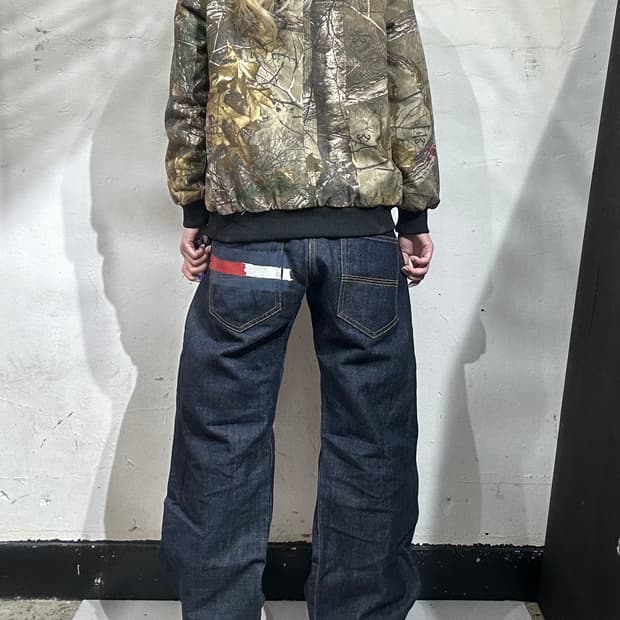 타미 힐피거 진청 빅 로고 프린팅 셀비지 데님 팬츠 청바지 M