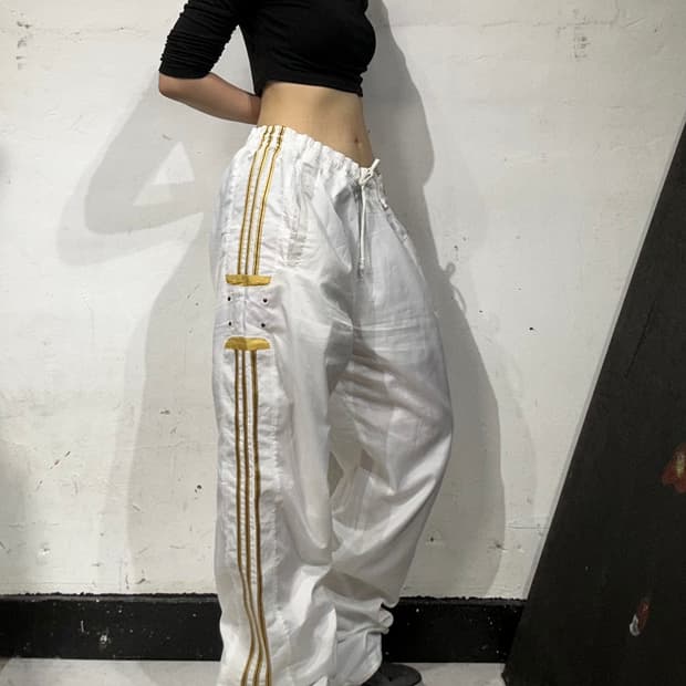 아디다스 화이트 골드 삼선 와이드 추리닝 바지 트레이닝 트랙 팬츠 L