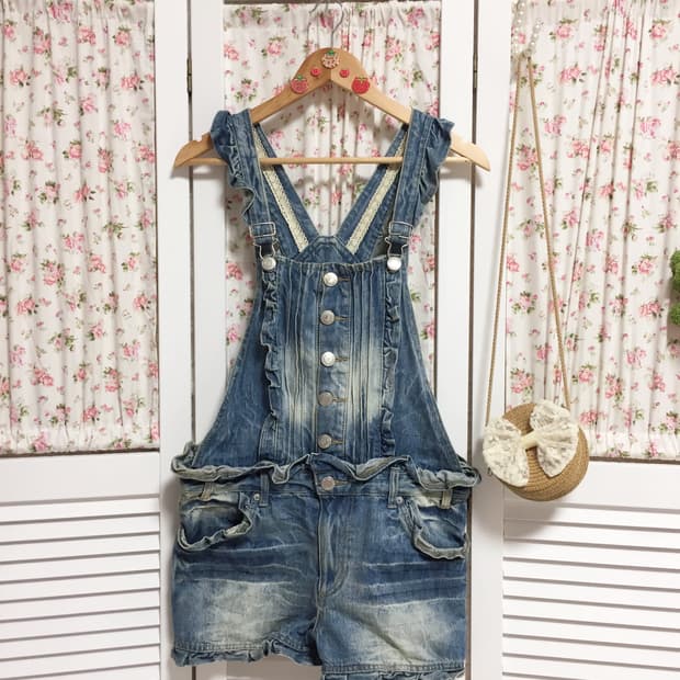 빈티지 모리걸 데님 멜빵 반바지