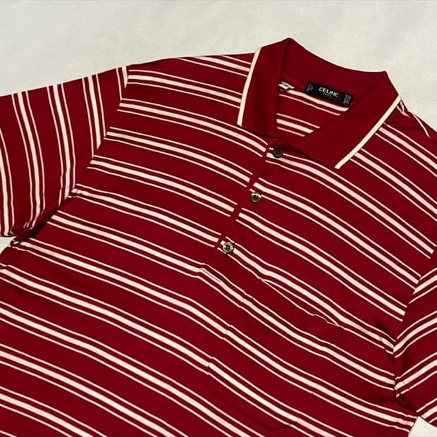 셀린느 로고자수 스트라이프 원포켓 카라 티셔츠