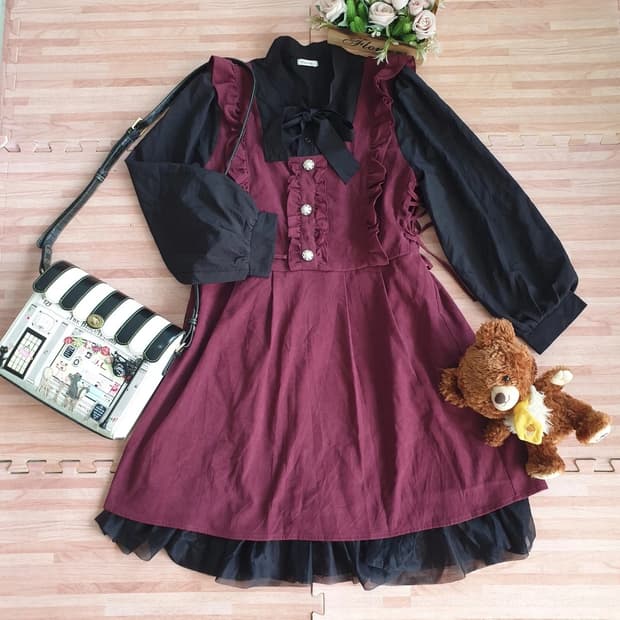 일본빈티지)빅사이즈지뢰계st 버건디 레이어드 프릴리본 고딕로리타풍 원피스