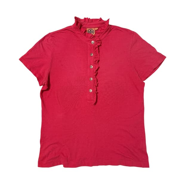 [TORY BURCH] 러플 하이넥 피케 반팔 셔츠 티셔츠 (L)
