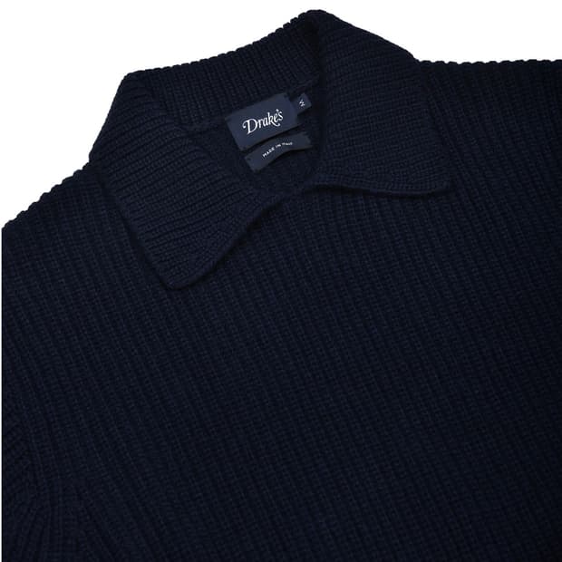 드레익스 네이비 알파카 램스울 리브드 인테그럴 칼라 점퍼