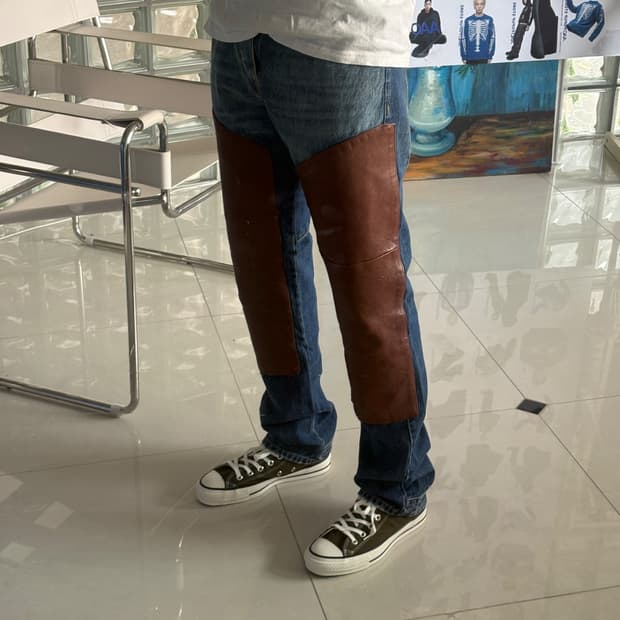 lamb leather straight jeans denim pants