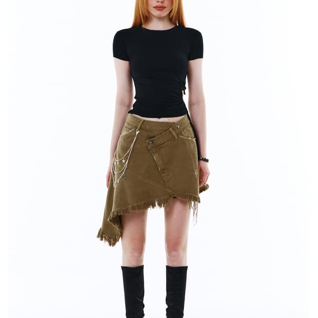 ASYMMETRIC CUT-OFF COTTON SKIRT BROWN