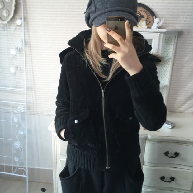 Y2K 블랙 벨루아 펑크 퍼 후드 블루종