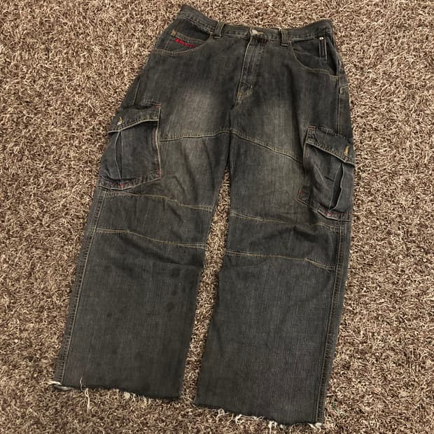 PIKO 블랙 워싱 데님 카고 팬츠