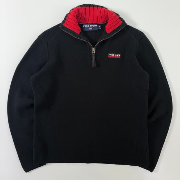 Polo  폴로 스포츠 패치 코튼 블랙 반집업 니트 