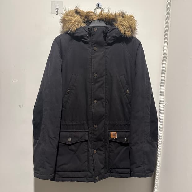 칼하트 블랙 퍼 후드 패딩