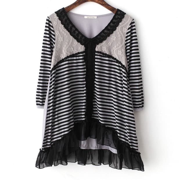 axes femme) stripe lace frill T