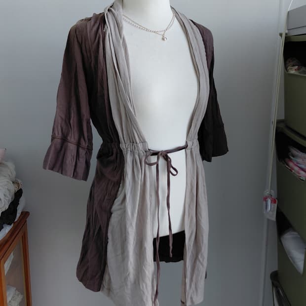 [빈티지] 배색 5부 소매 끈 셔링 가디건