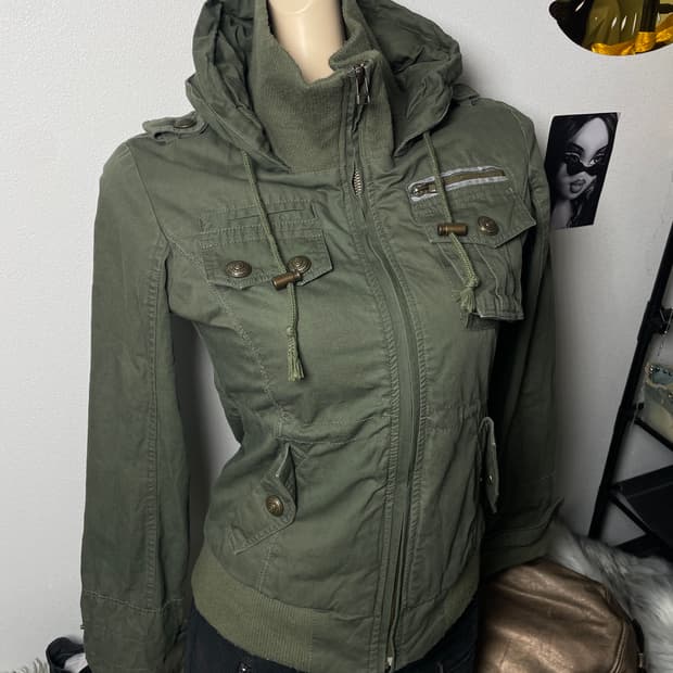 빈티지 y2k 카키 하이넥 집업 자켓 