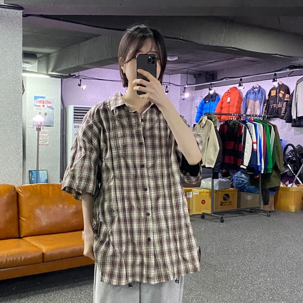 cord 핀턱 체크 스트링 반팔 셔츠 B4366