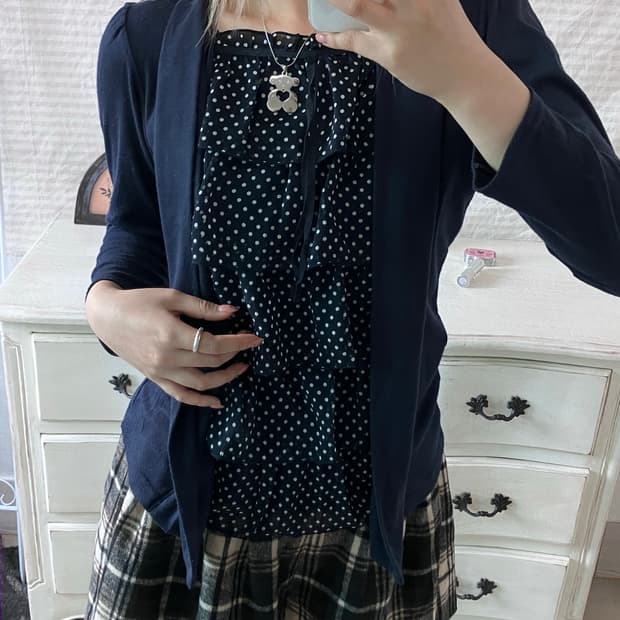 jpn vintage 네이비 도트 프릴 블라우스 롱 슬리브