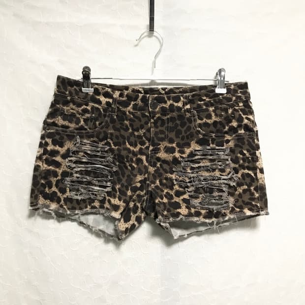 빈티지 갸루 펑크 레오파드 데미지 숏 팬츠 반바지