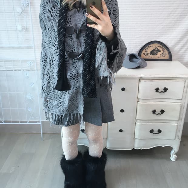 일본빈티지 차콜 퍼후드 케이프 더플 가디건