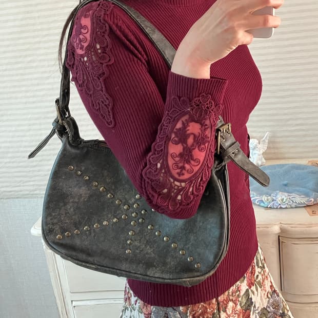 jpn vintage 레드와인 자수 디테일 골지 니트 y2k 스트릿 갸루