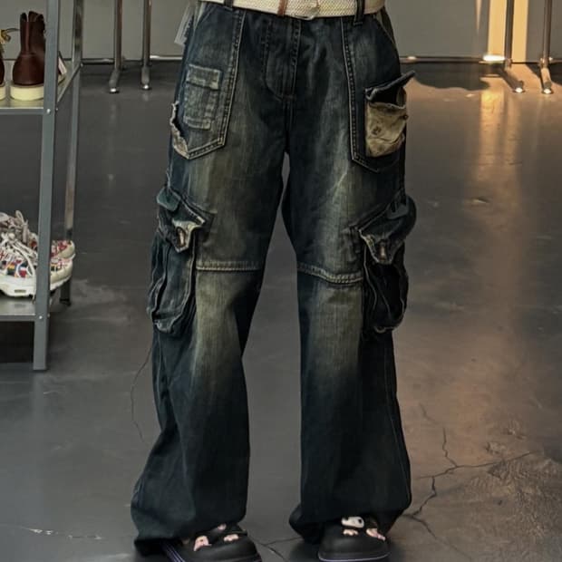 인터크루 와이드 멀티 포켓 데님 카고팬츠 A1847