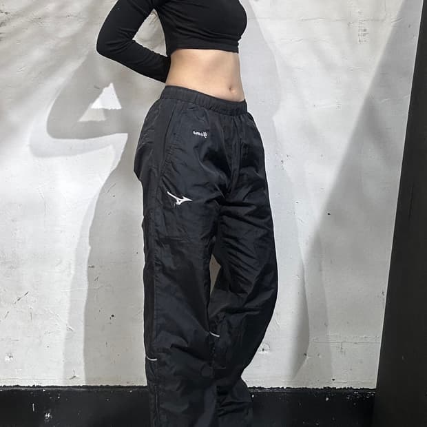 미즈노 블랙 와이드 화이트 로고 트랙 팬츠 S