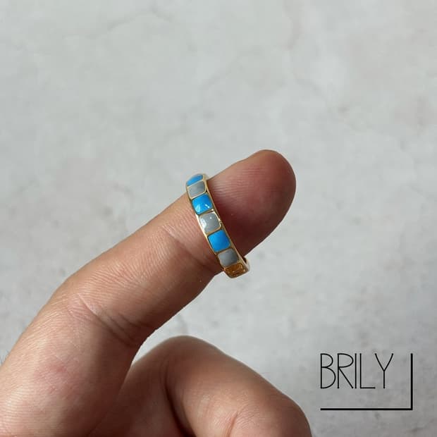 [Unisex] SEA 블루 스퀘어 골드 콤비 오픈링 뱅글 반지