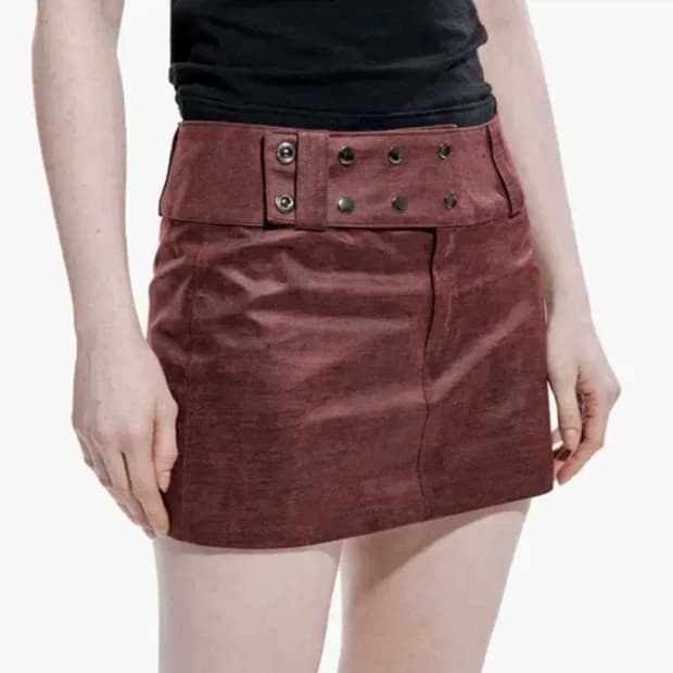 러프넥 로우라이즈 빈티지 레더 스커트 와인