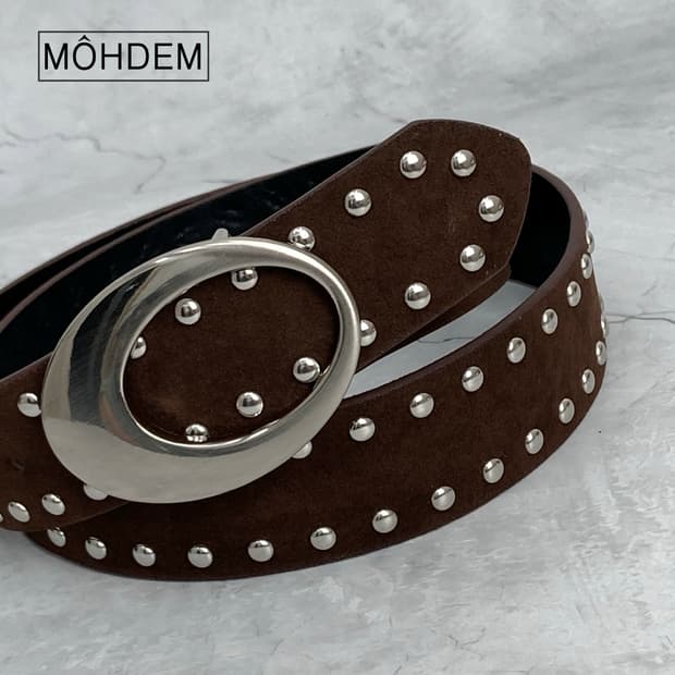 [Unisex] 오클 라운드 스터드 찡 벨트 브라운