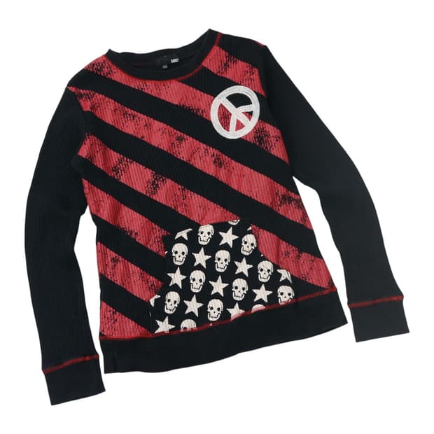 SAUCY 빈티지 펑크 스트라이프 피스 마크 와플 티셔츠 (150)