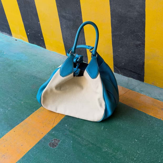turquoise leather & canvas bag
