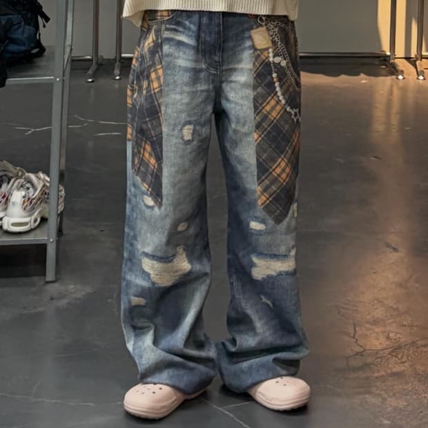 빈티지 y2k 프린팅 체크무늬 데님팬츠 A3091