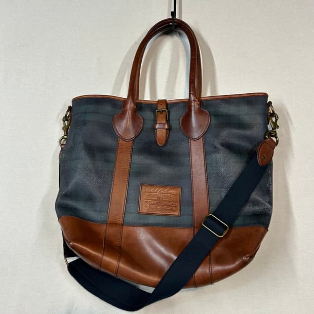 폴로 랄프로렌 블랙와치 타탄체크 레더 토트백 숄더백