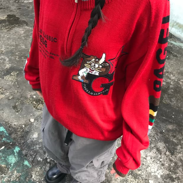 레트로 레드 하프집업 니트