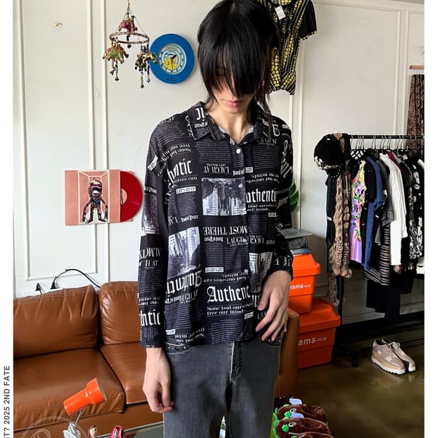 Leahmatin Black Newspaper Print Shirt