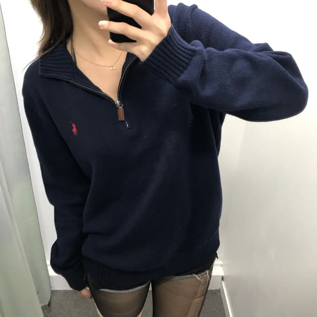 폴로 네이비 레드포니 반집업 니트
