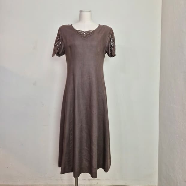 LANCEL PARIS 린넨100 브라운 레이스 롱원피스
